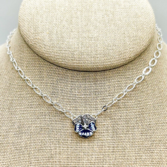 NWOT Sterling Silver, blue pansy necklace 16"to  18" Long. - Picture 7 of 12